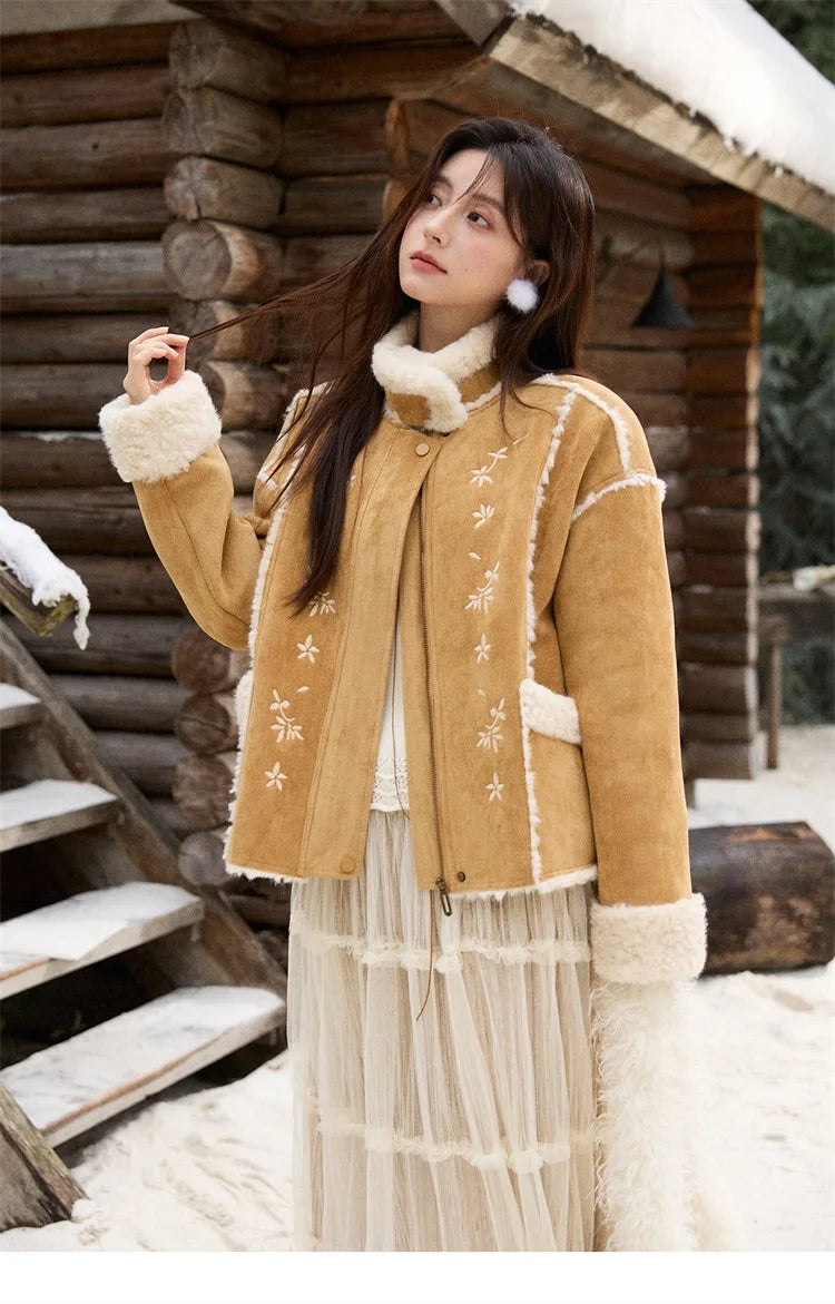 MISHOW Floral Embroidered Fur Jacket Plush Lapel Zipper MXE87W0918