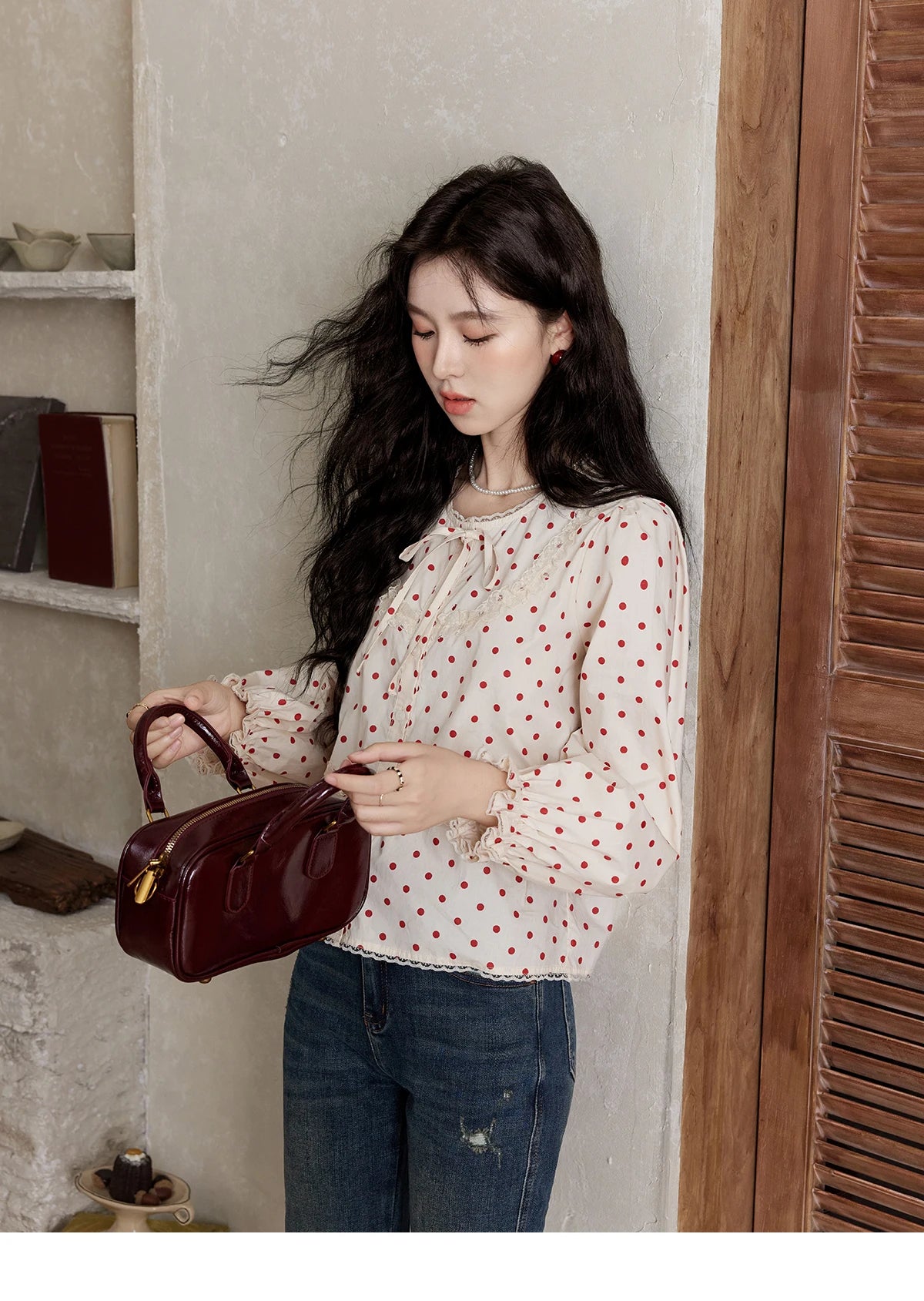 MISHOW Lace Up Polka Dot Round Neck Lace Shirt Elastic Petal Cuffs MXD44X1667