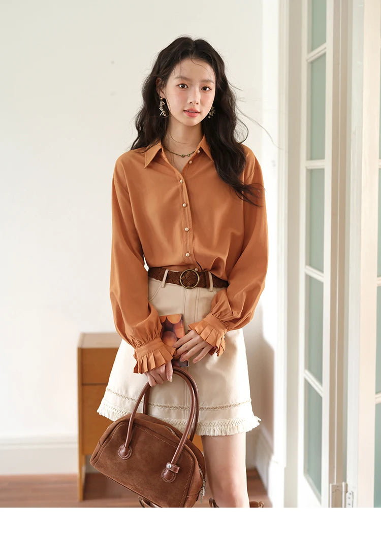 MISHOW Women's Color Block Shirt Pleated Cuffs Lapel Top MXE41C2352