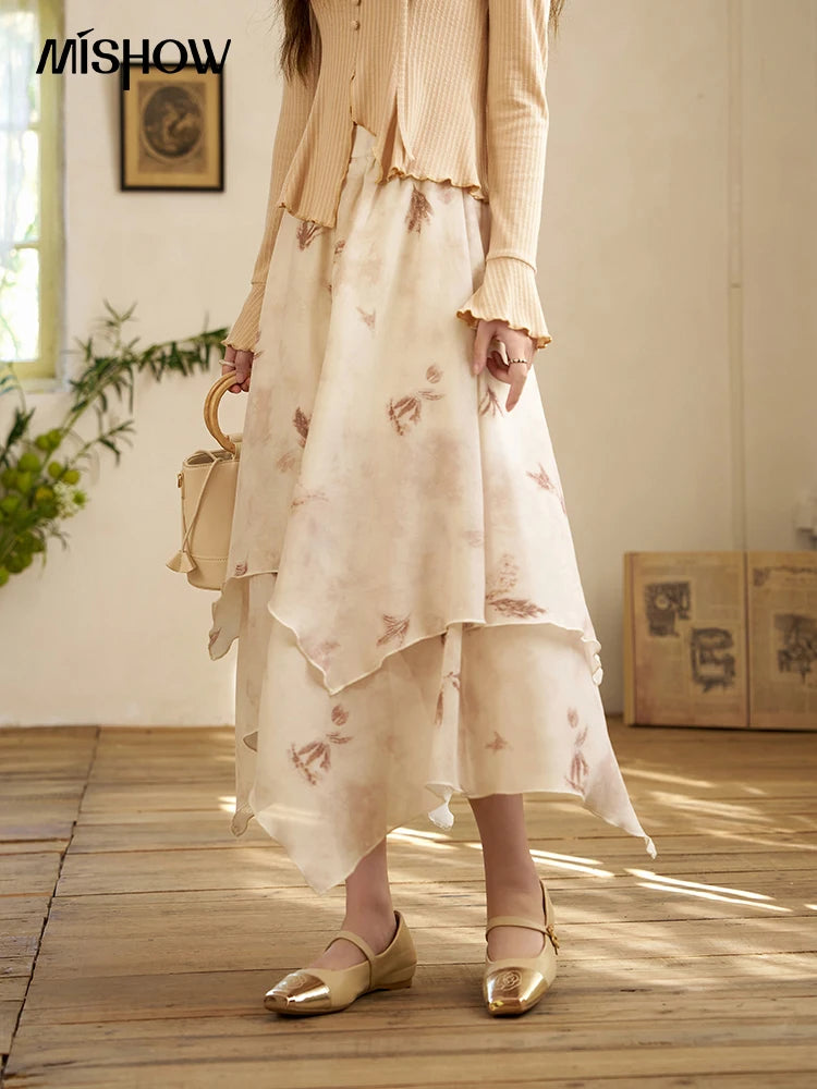 MISHOW Long Flowy Skirt Irregular High Waist A-Line Print Zipper MXD11B0215