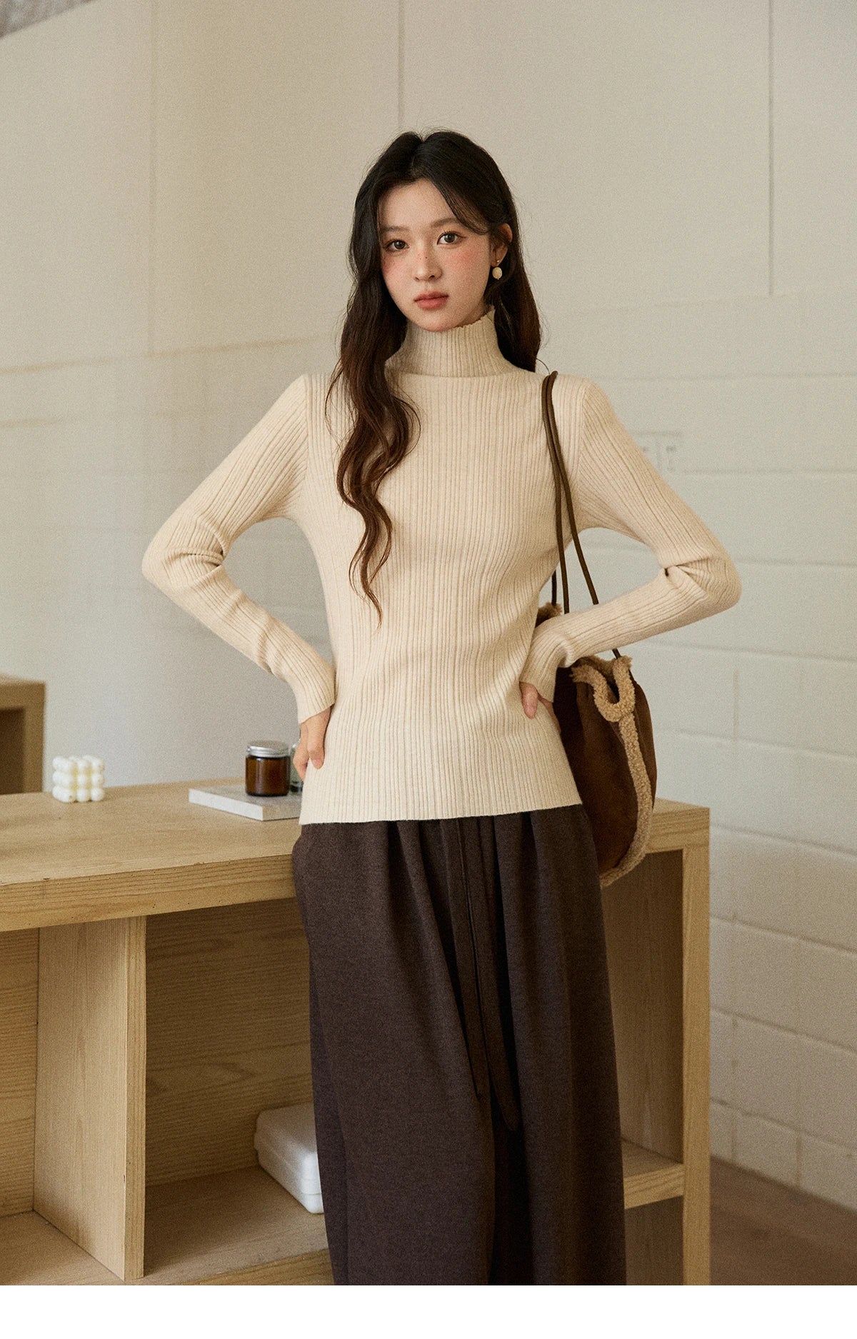Mishow Solid Turtleneck Vertical Ribbed Slim Top MXE86Z2656
