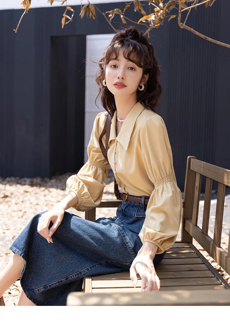 MISHOW Vintage French Lantern Sleeve Blouse Turndown Collar MXB32C0508