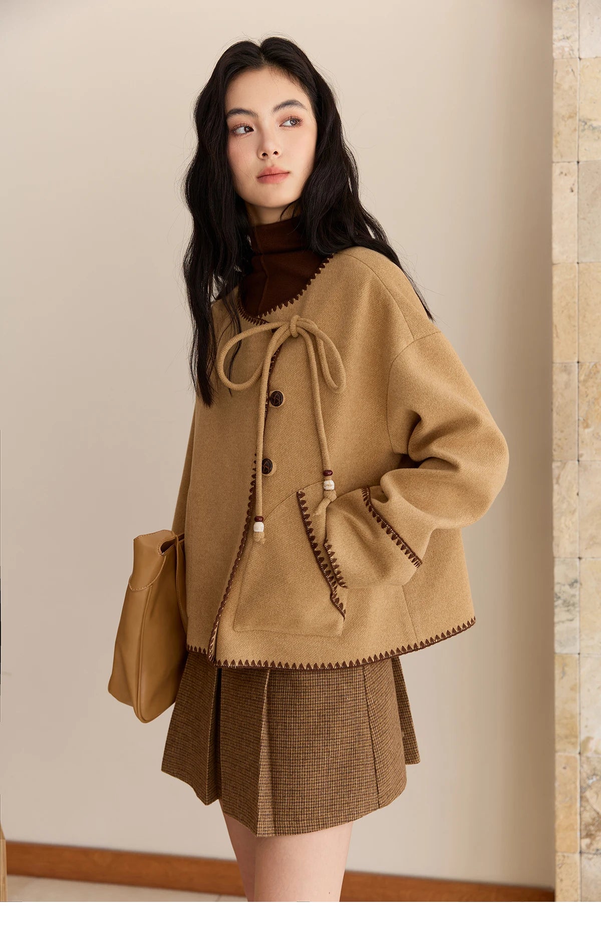 MISHOW Khaki Asymmetrical Coat Shell Flower Embroidery Lace-Up MXE49W0854