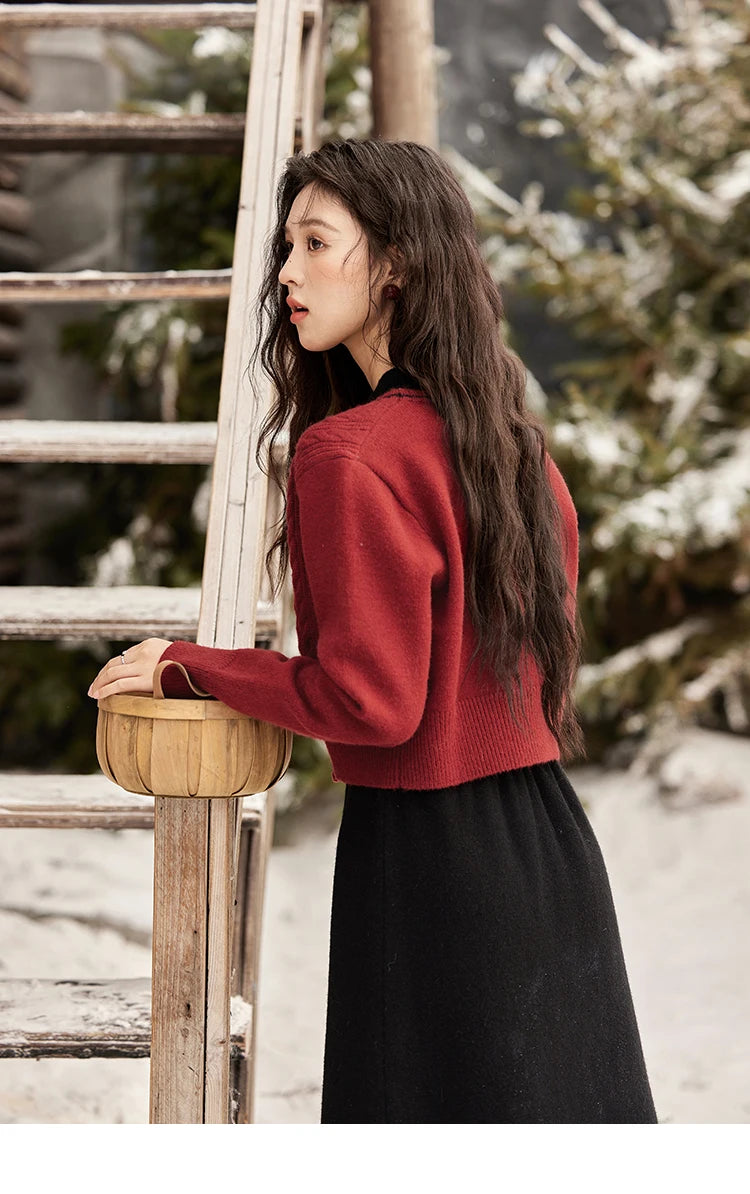 Mishow Red Knitted Cardigan & V-Neck Midi Dress Set MXD58L2085