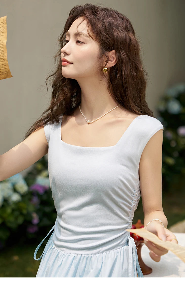 Mishow Square Neck Patchwork Side Drawstring Dress MXD23L1818