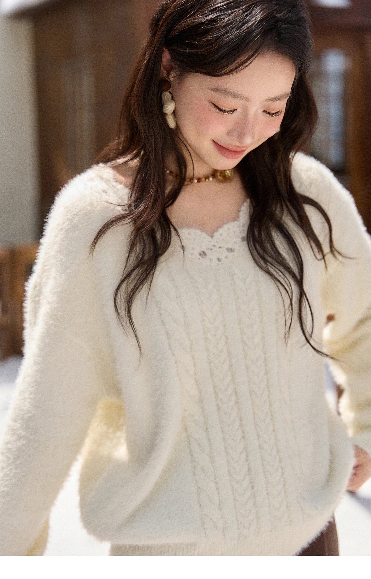 Mishow Apricot Soft V-Neck Cable Knit Pullover MXE51Z2594