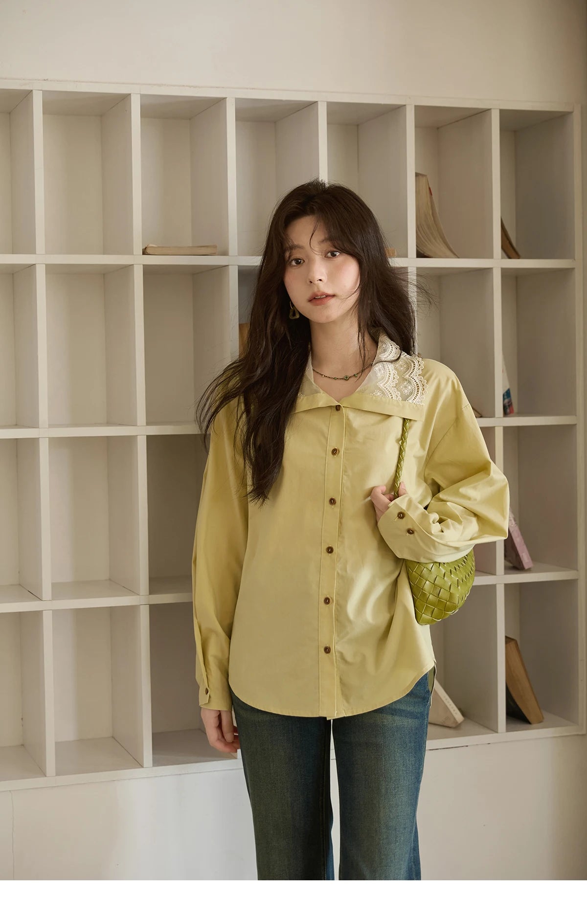 MISHOW Solid Cotton Shirt V-Neck Double Layer Lace MXE41C2366