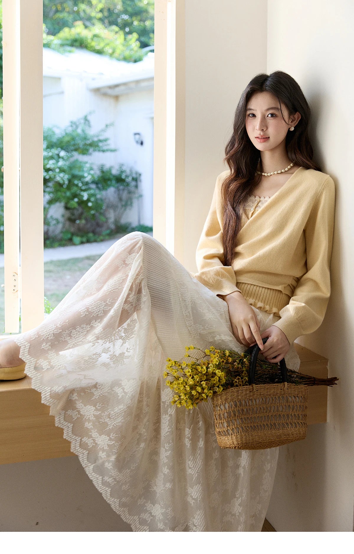 Mishow Yellow Ruffled Camisole & Lace Cardigan Set MXF11T1472