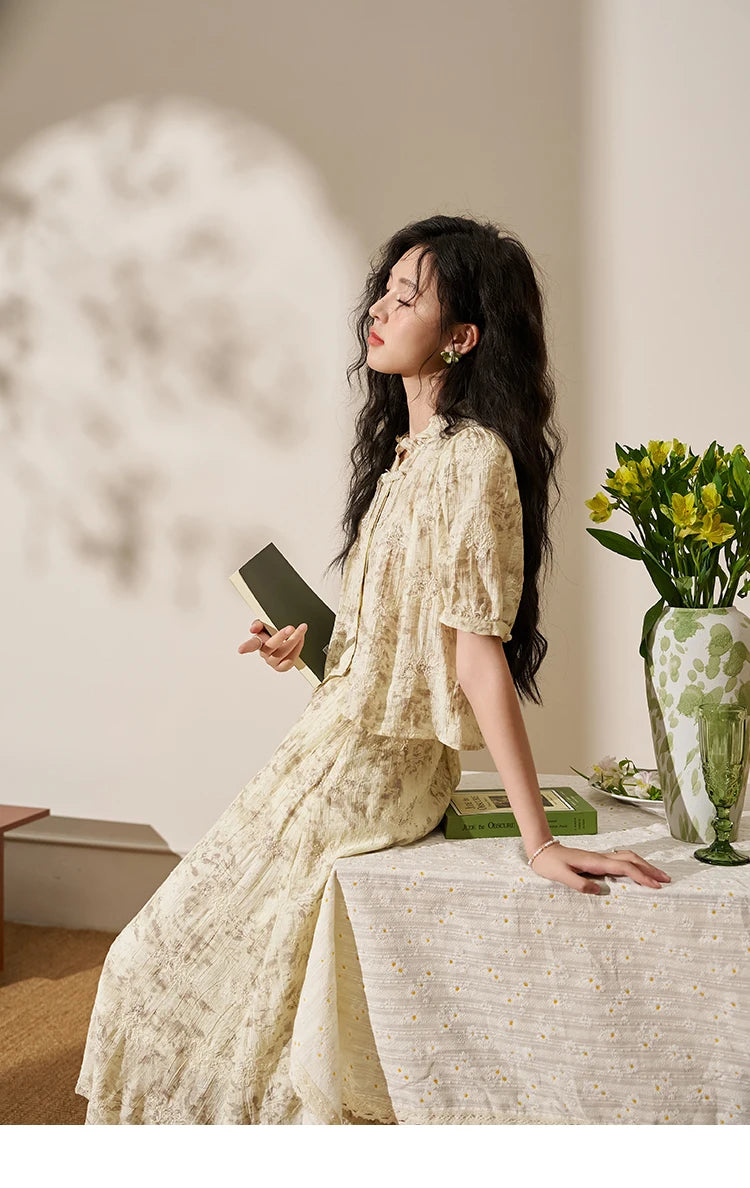 Mishow Chinese Embroidered Puff Sleeve Top & A-Line Skirt Set MXD24X1405