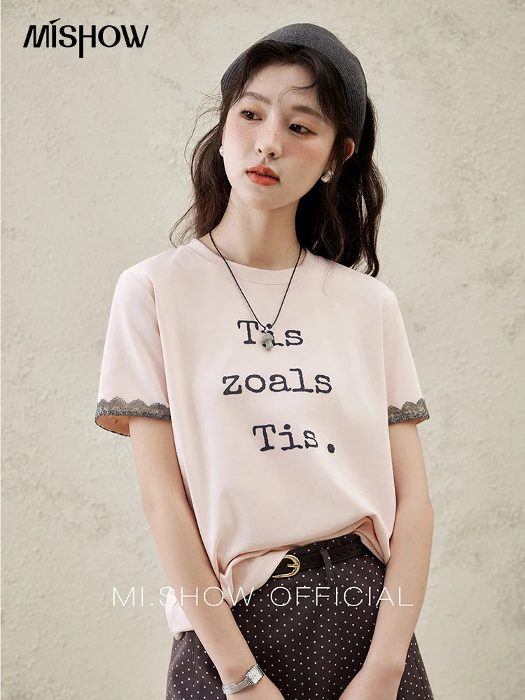 Mishow Pink Letter Print Lace Trim Tee MXE32T0529