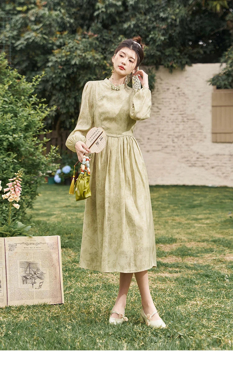 Mishow Chinese Cheongsam Green Puff Sleeve Dress MXD14L1767