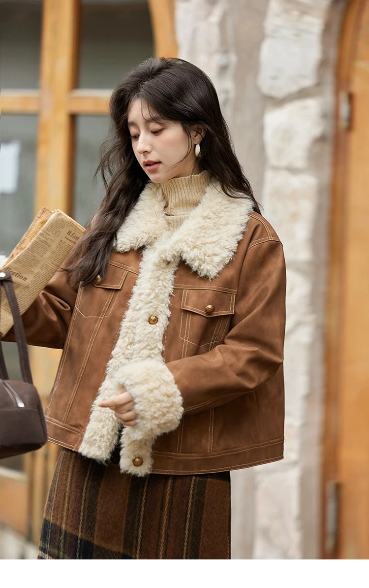 Mishow Leather Fur Lamb Wool Spliced Jacket MXD56W0538