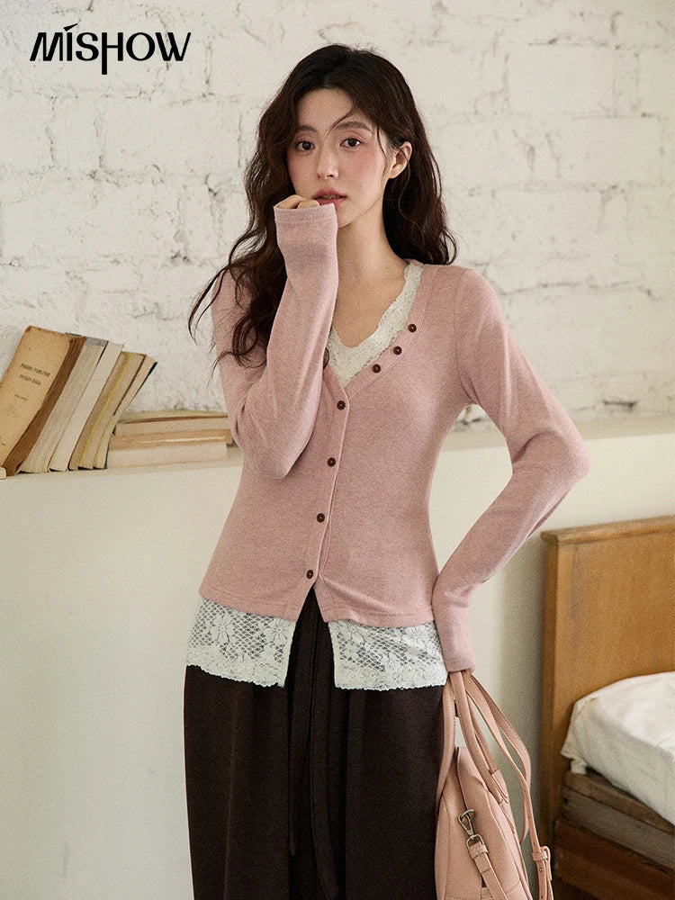 Mishow V-Neck Lace Trim Knit Top MXE86Z2673