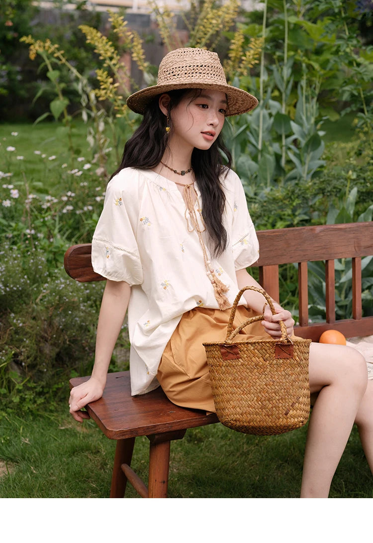 Mishow Puff Sleeve Lace-Up Top & Elastic Waist Shorts Set MXE38T0684
