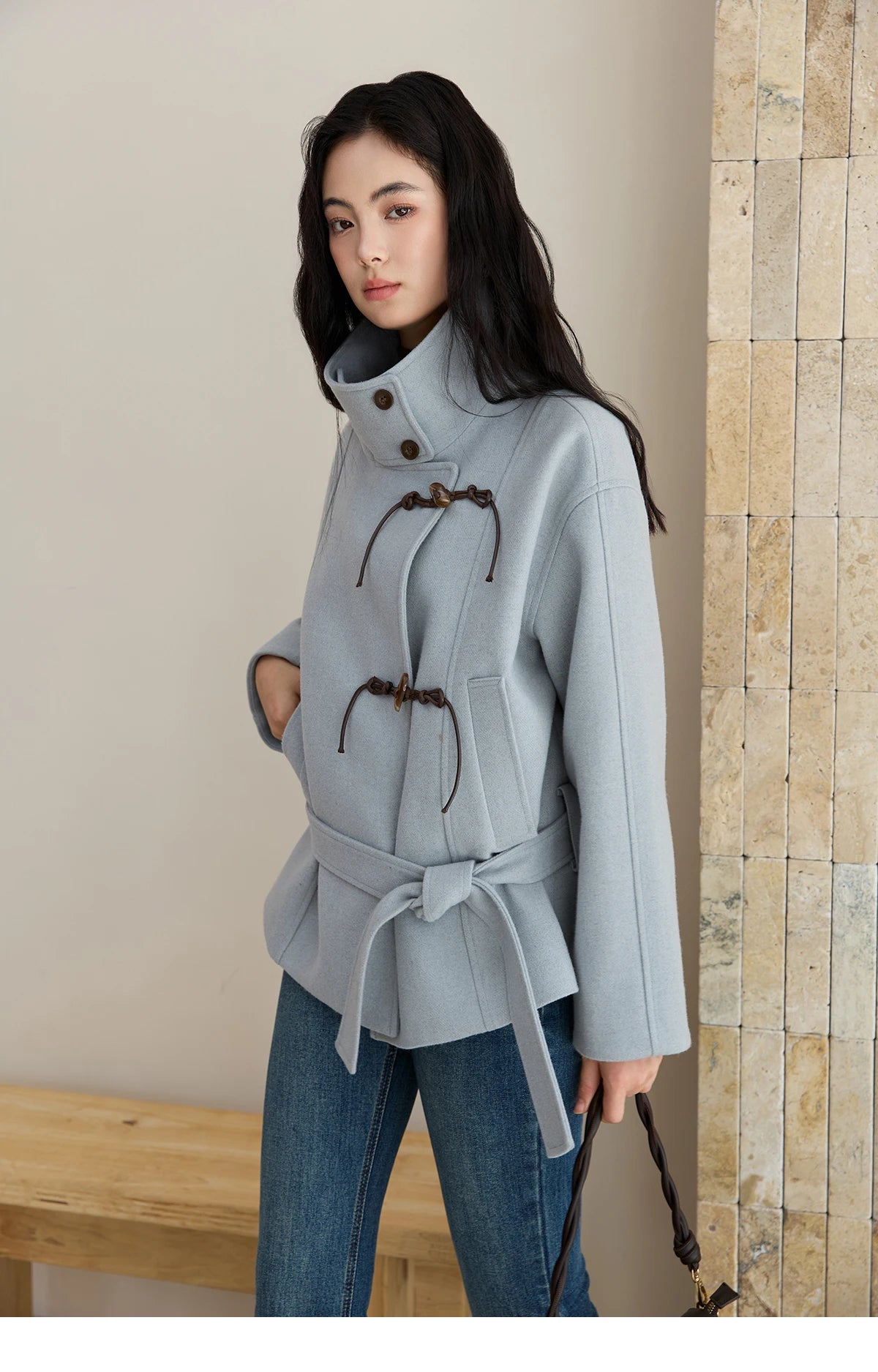 Mishow Blue Double-Breasted Lace Up Woolen Coat MXE51W0872