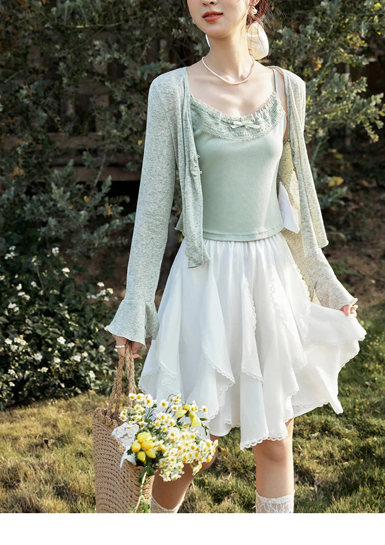 Mishow Light Green Lace Bow Camisole & Cardigan Set MXE15T0504
