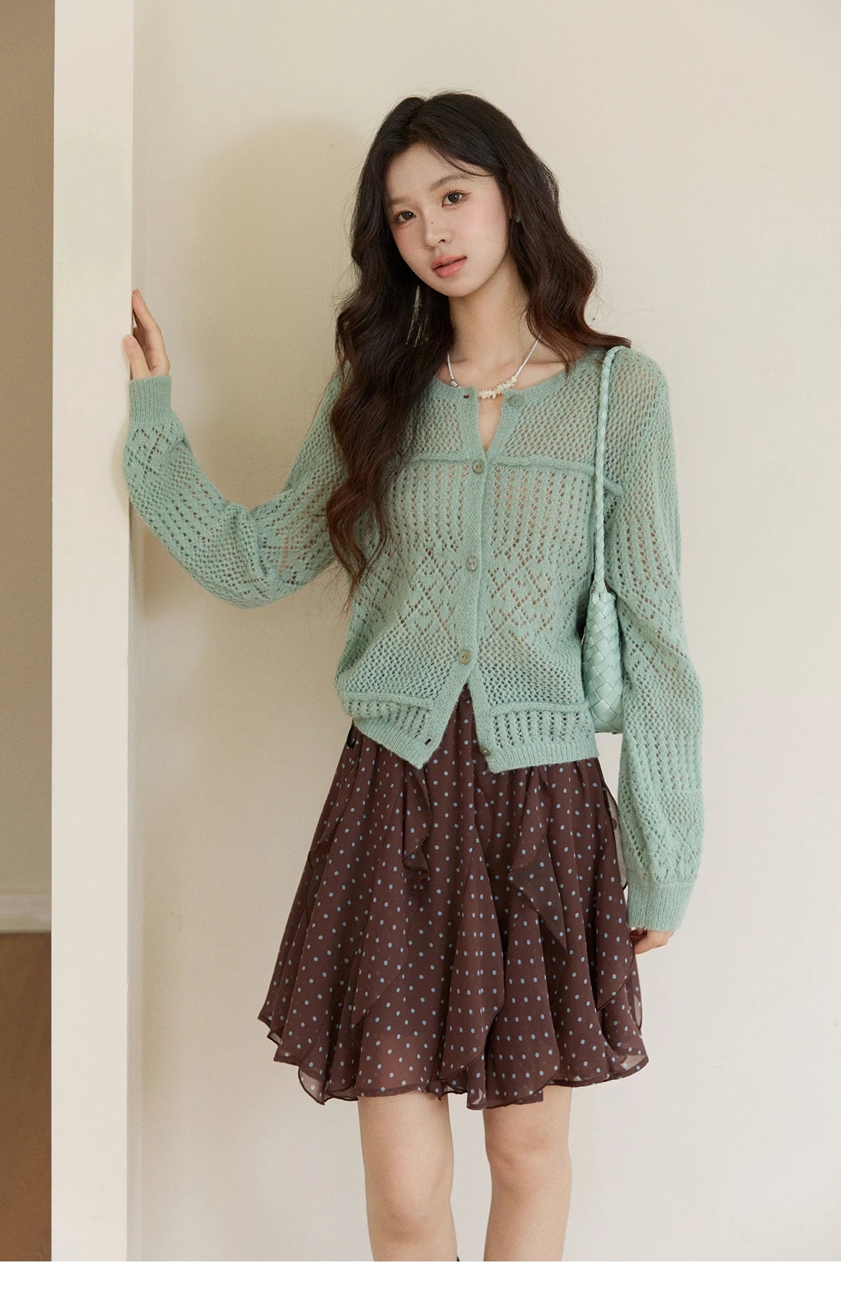 Mishow Mint Green Crew Neck Hollow Cardigan MXF108Z1046