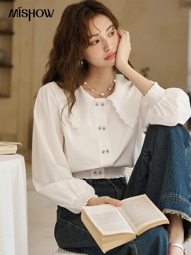 MISHOW Korean Doll Neck Shirt Lace Patchwork Bubble Sleeve Elastic Hem MXD12C0164