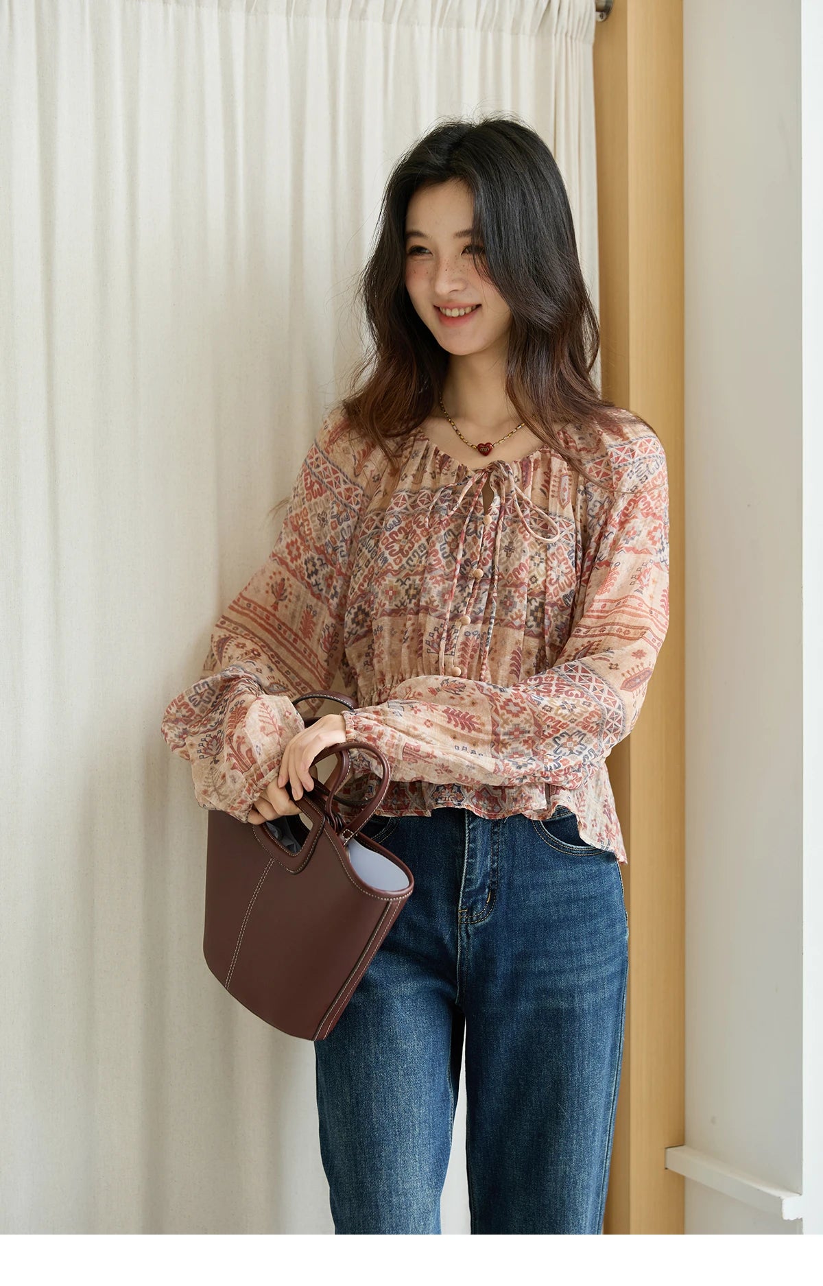 MISHOW National Style Printed Blouse Round Neck Drop Sleeve MXE47X2508
