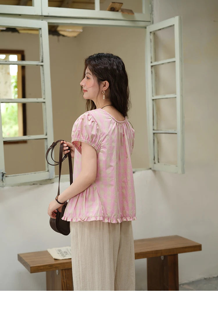 MISHOW Pink Plaid Puff Sleeve Shirt O-Neck Button MXE39X1932