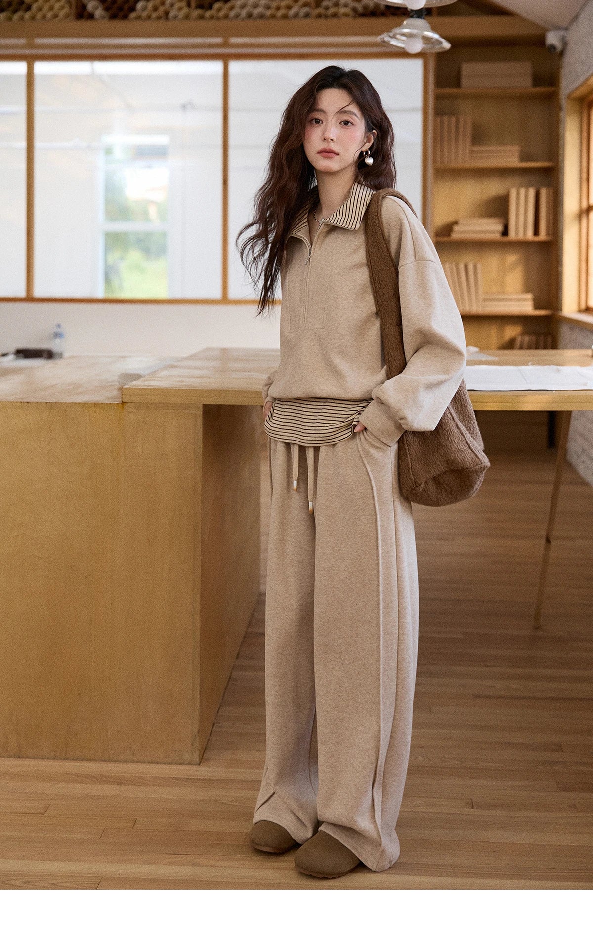 Mishow Retro Striped Lapel Half-Zip Sweatshirt & Wide Leg Pants Set MXE87T1425