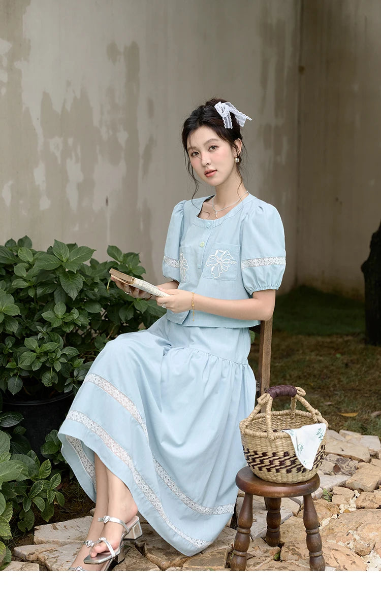 MISHOW Blue Lace Patchwork Top Elastic Waist Skirt Set MPD22B0450