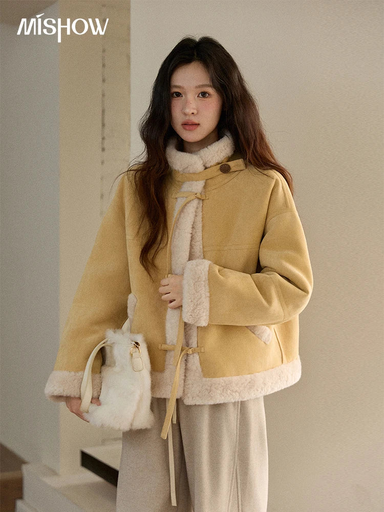 MISHOW Yellow Suede Fur Collar Short Coat Single-Breasted MXE89W0897