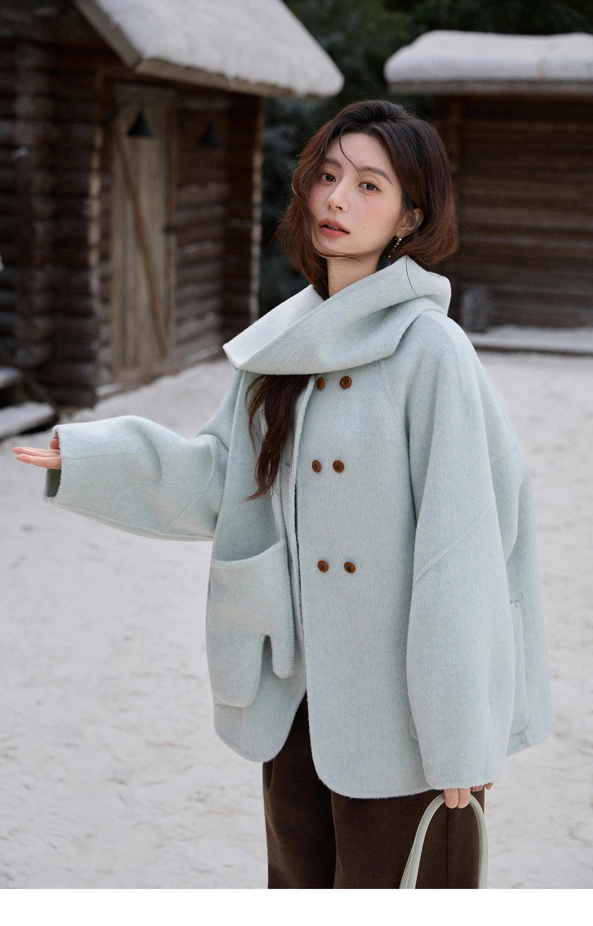 Mishow 100% Wool Mint Green Double-Faced Coat with Scarf & Gloves MXE92W1014
