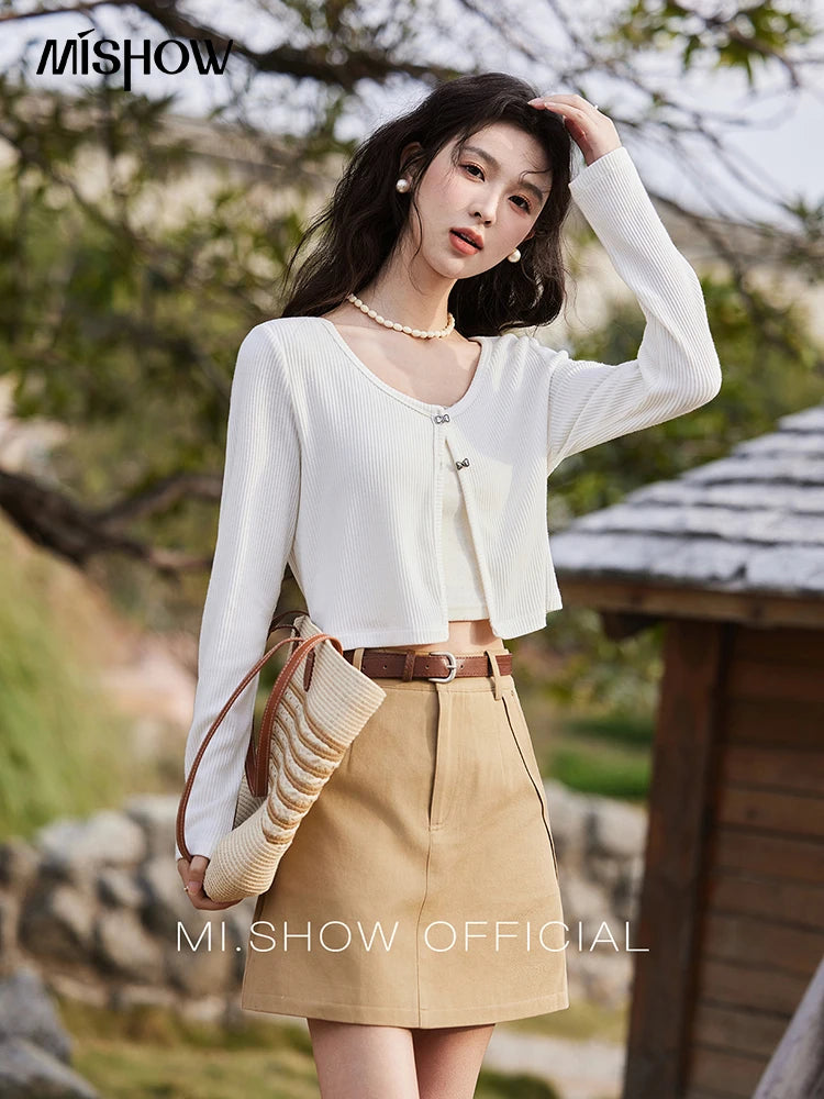 Mishow Khaki Diagonal Insert Pocket A-Line Skirt MXE13B0694