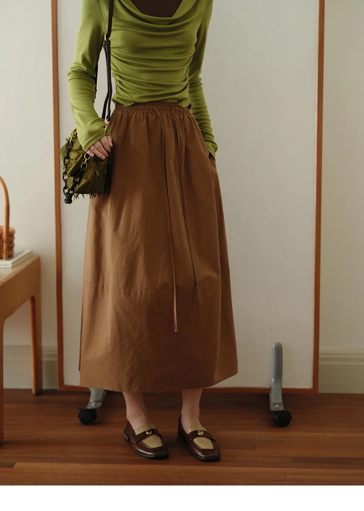 MISHOW Brown Cotton Bud Skirt Elastic Drawstring High Waist Pocket MXE41B2367