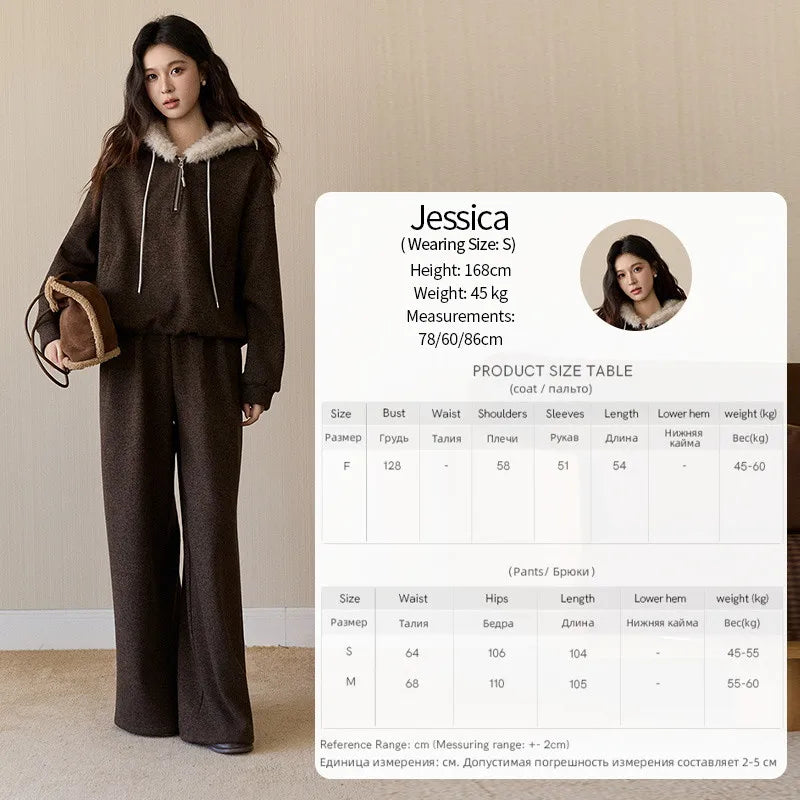 Mishow Brown Faux Fur Hood Sweatshirt & Wide Leg Pants Set MXE94T1476