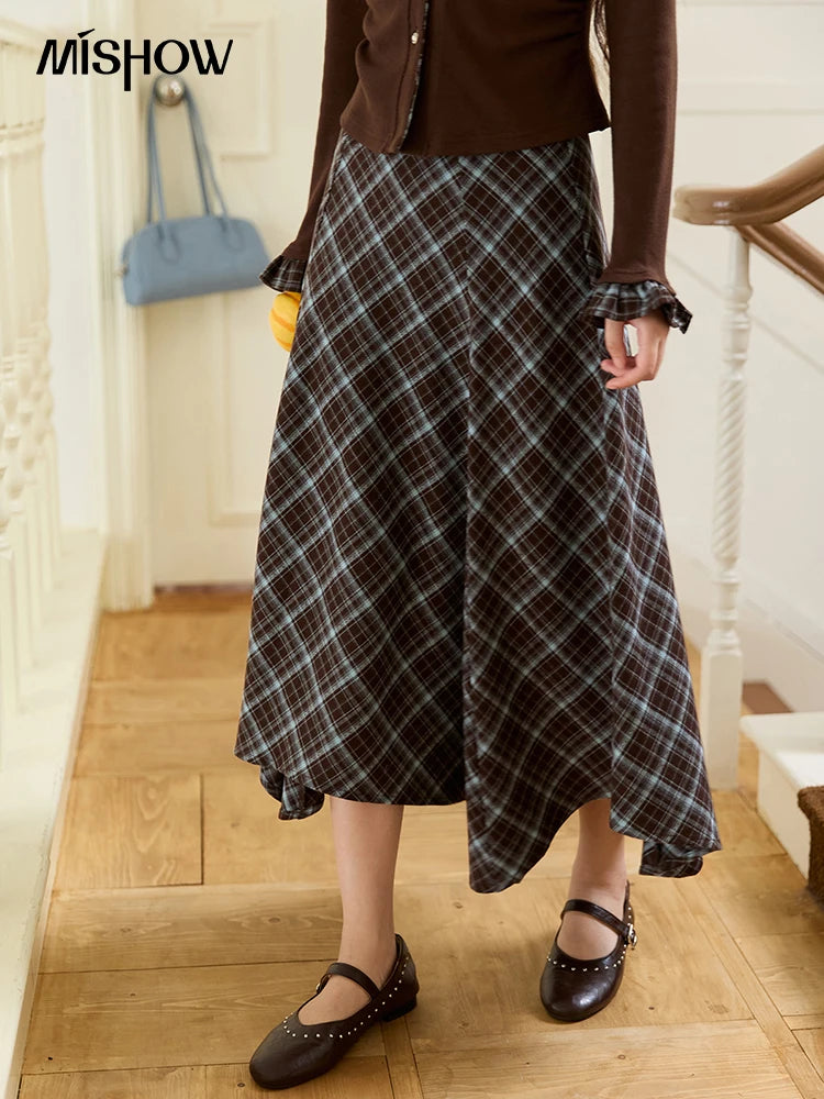 MISHOW Irregular Plaid Skirt Contrasting High Waist A-LINE MXE47B2436
