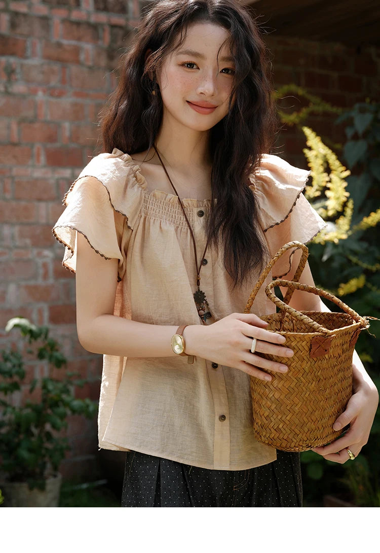 MISHOW Butterfly Sleeve Blouse Square Neck Button Loose MXE37X1854