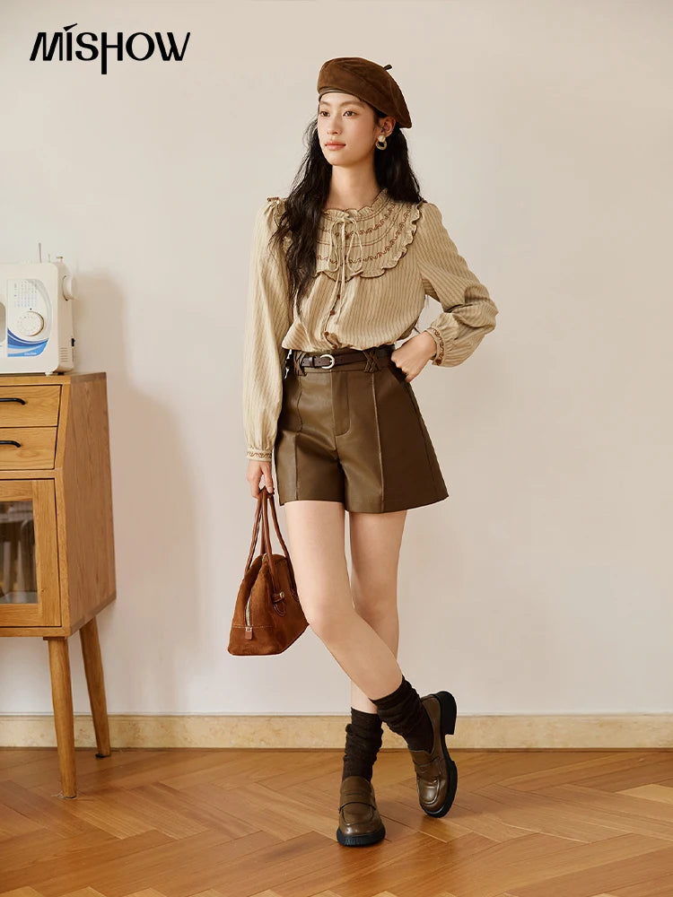 Mishow PU Leather High Waist A-Line Shorts with Slanted Pockets MXE48K1086