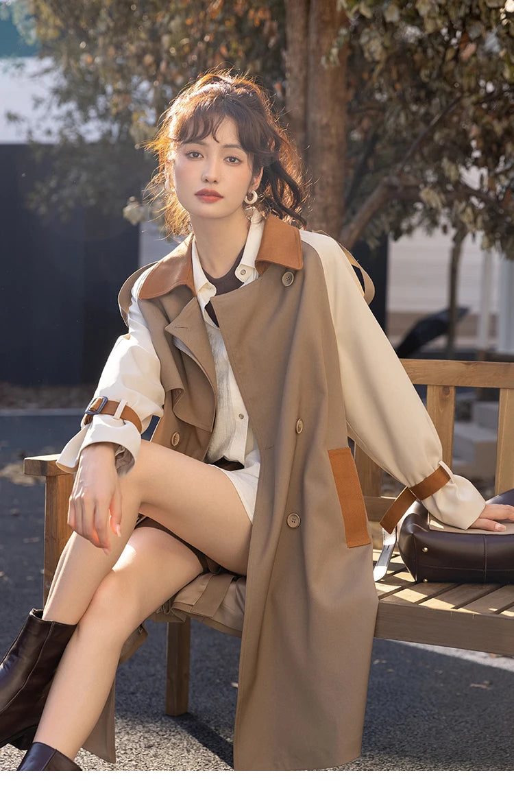 Mishow Khaki Contrast Color Spliced Trench Coat MXB31W0367
