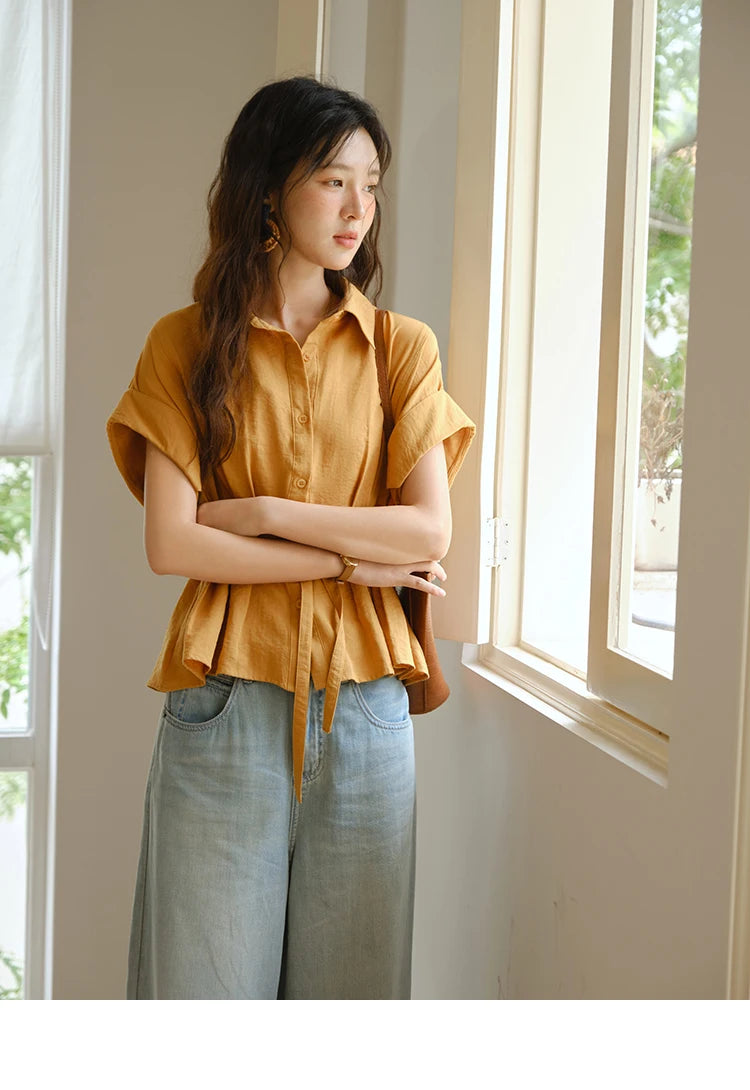 MISHOW Orange Lace Up Button Shirt Turn-Down Collar MXE37C0809