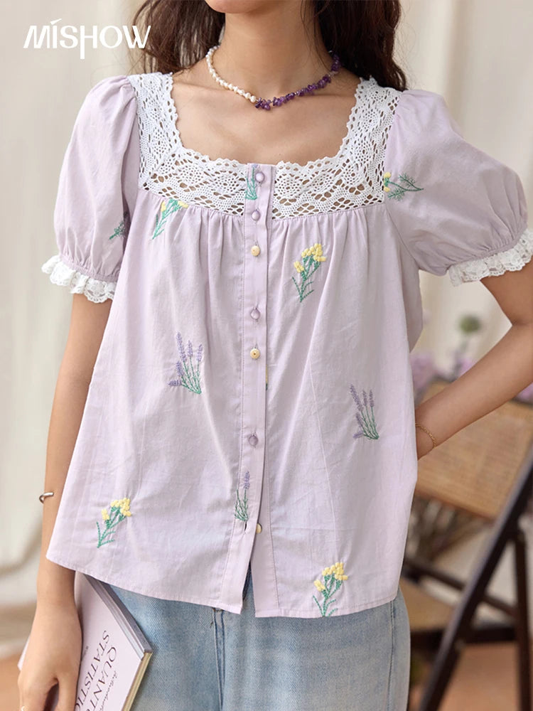 MISHOW Lace Patchwork Square Collar Blouse Puff Sleeve MXE36X1830