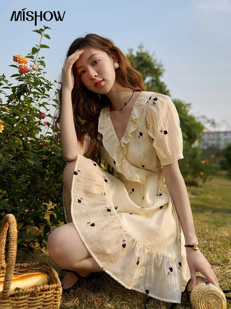 Mishow French Floral High Waist Puff Sleeve Dress MXC21L1282