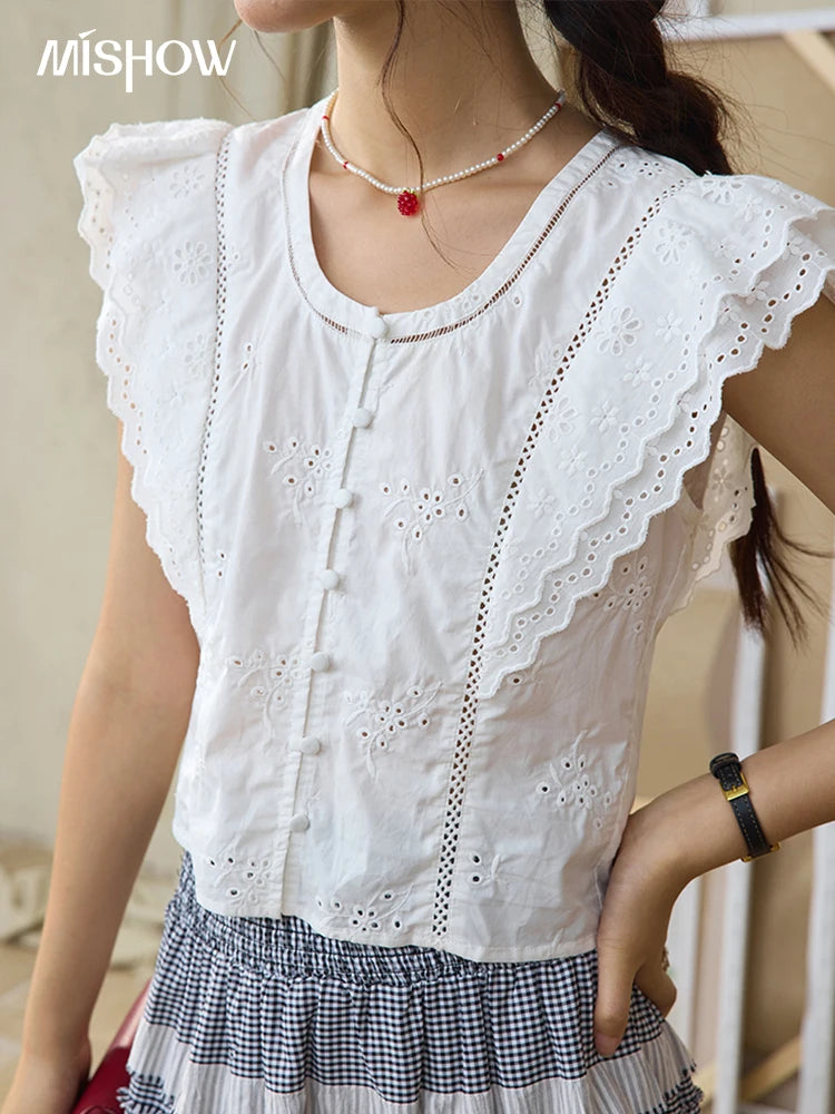 MISHOW Flying Sleeve Cotton Blouse Hollow Lace Slim Waist MXE36X1844