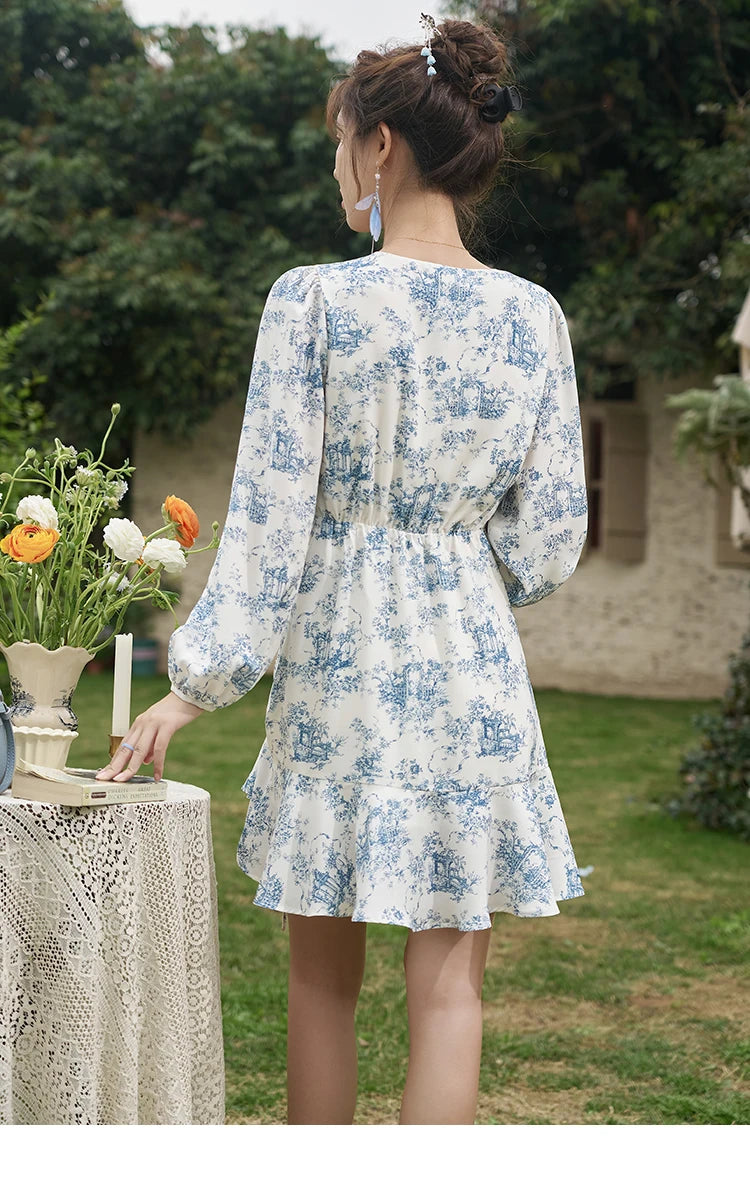 MISHOW French V-Neck Blue Porcelain Print Dress MXD15L1673