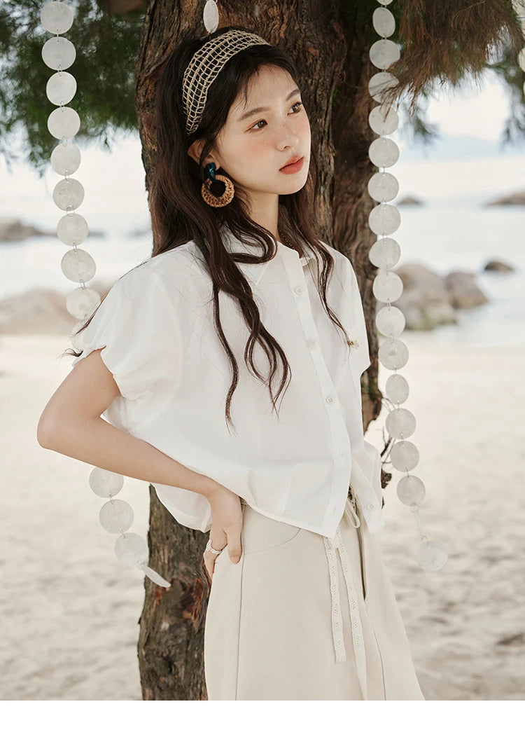 MISHOW Short Puff Sleeve Blouse Turn Down Collar Shell Ribbon MXE33C0773