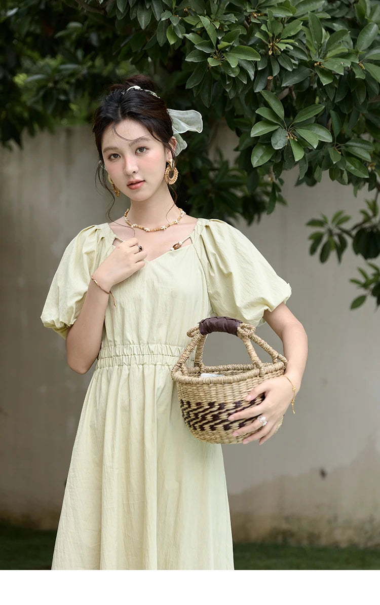 Mishow French V-Neck Bubble Sleeve Back Green Dress MXD22L1825