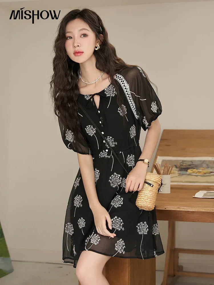 Mishow Taraxacum Black Embroidered Lace-Up Dress MXC39L1567