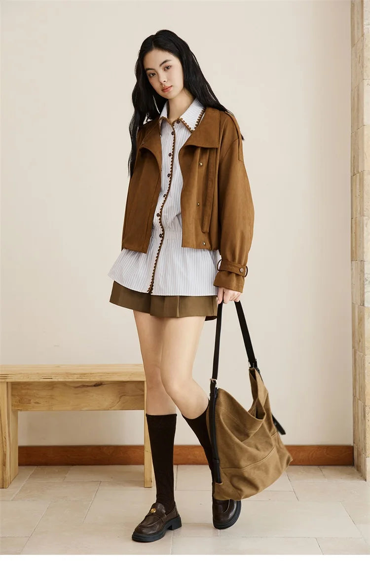MISHOW Vintage Suede Short Jacket Brown Lapel Zipper MXE45W0869