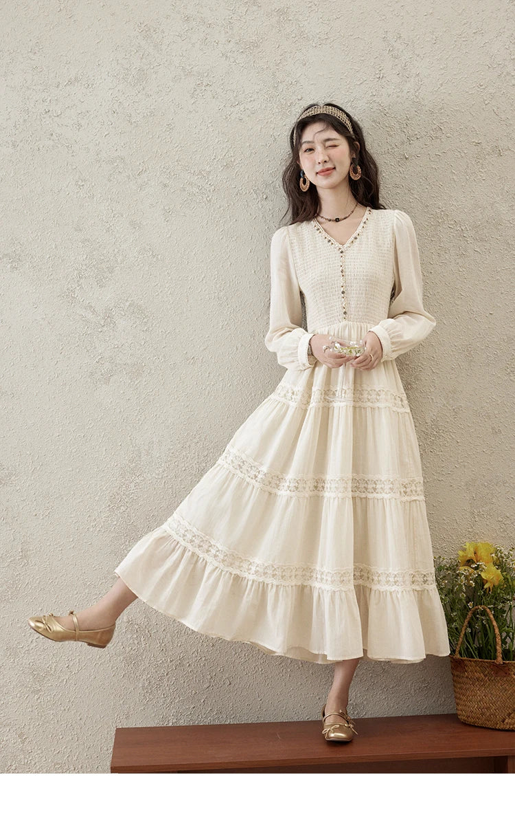 Mishow Apricot 100% Cotton Splicing Lace Dress MXE16L2168