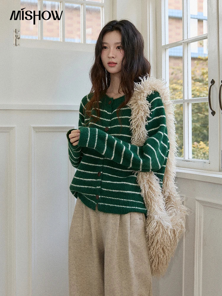 Mishow Green Striped Wool Blend Retro Cardigan MXE86Z2735
