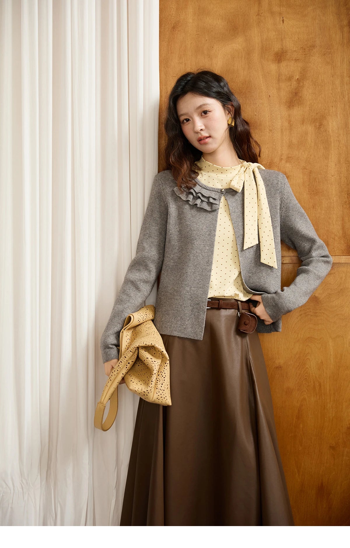 Mishow Yellow Polka Dot Lace Up Collar Pullover MXE45Z1379