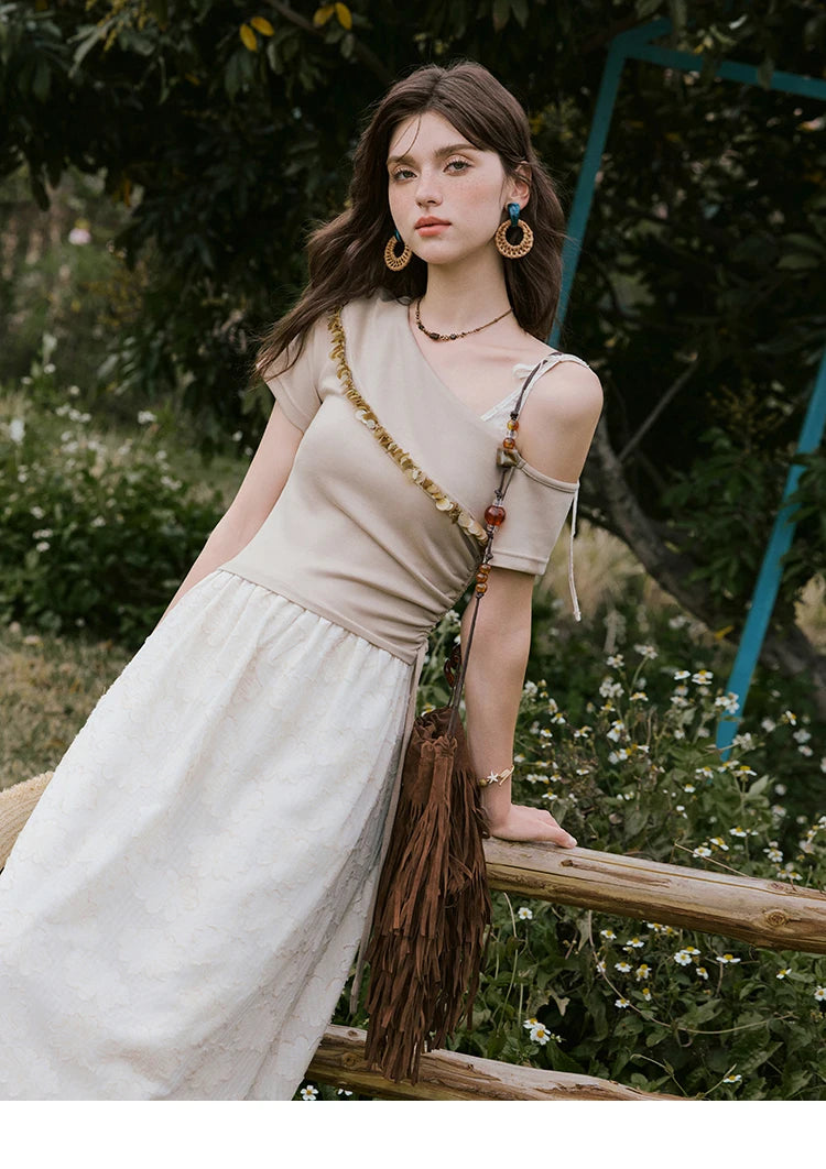 Mishow Off-Shoulder Knitted Patchwork Midi Dress MXE33L2207