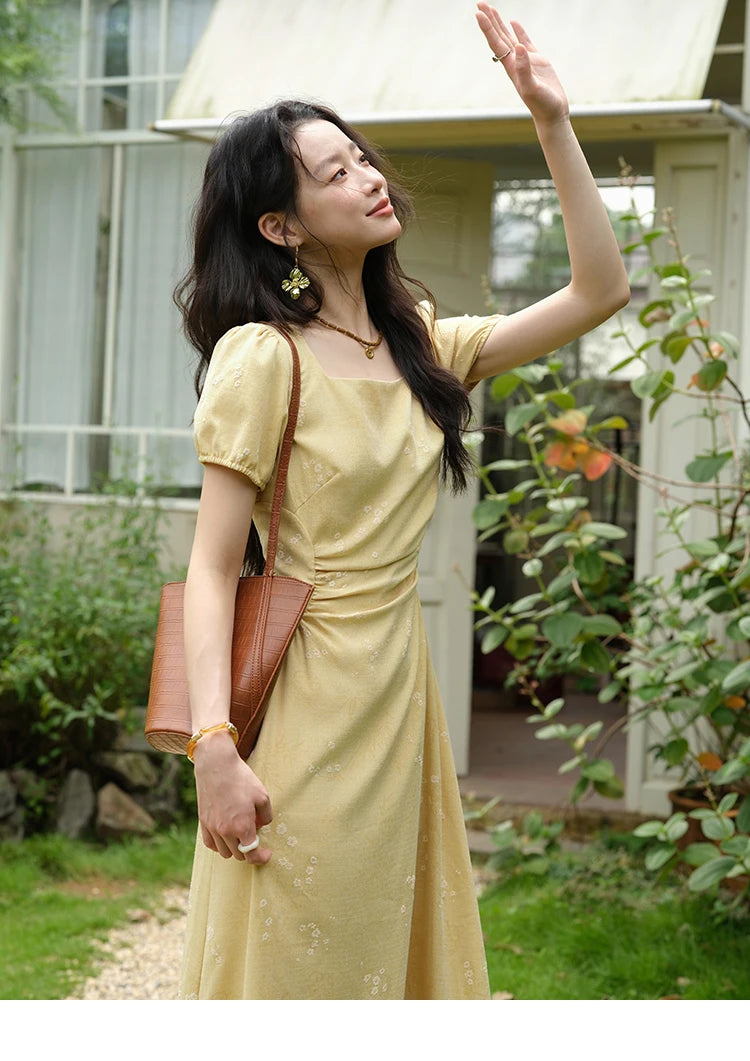 Mishow Square Neck Puff Sleeve Bamboo Jacquard Dress MXE39L2415