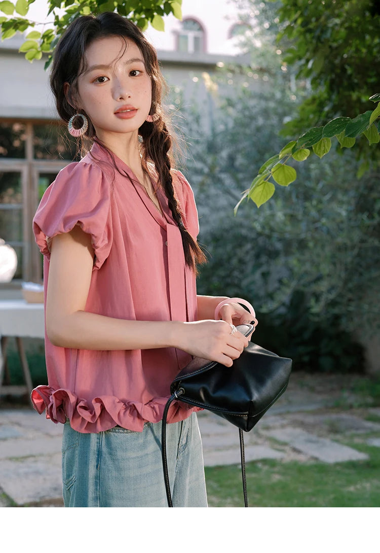 MISHOW V-Neck Puff Sleeve Blouse Lace Up Button Sweet MXE38X1914